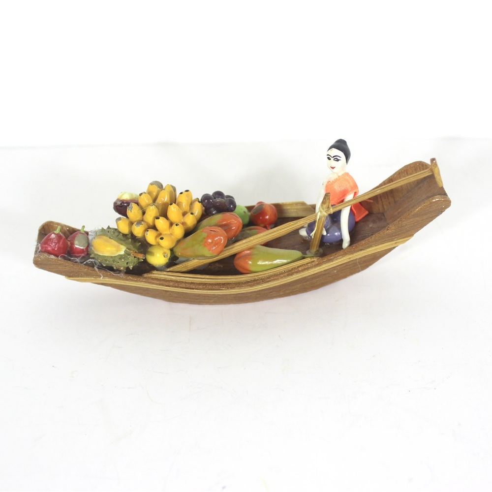 Vintage Thailand Fruit Floating Market Seller in Boat Rustic Hand Carved Art